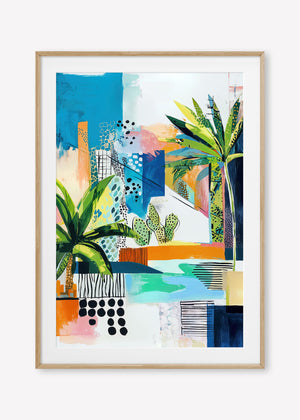 Tropical Cityscape (Portrait) - Print Framed with Border Oak - SubTropic Art