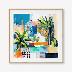Tropical Cityscape (Square) - Print Framed with Border Oak - SubTropic Art