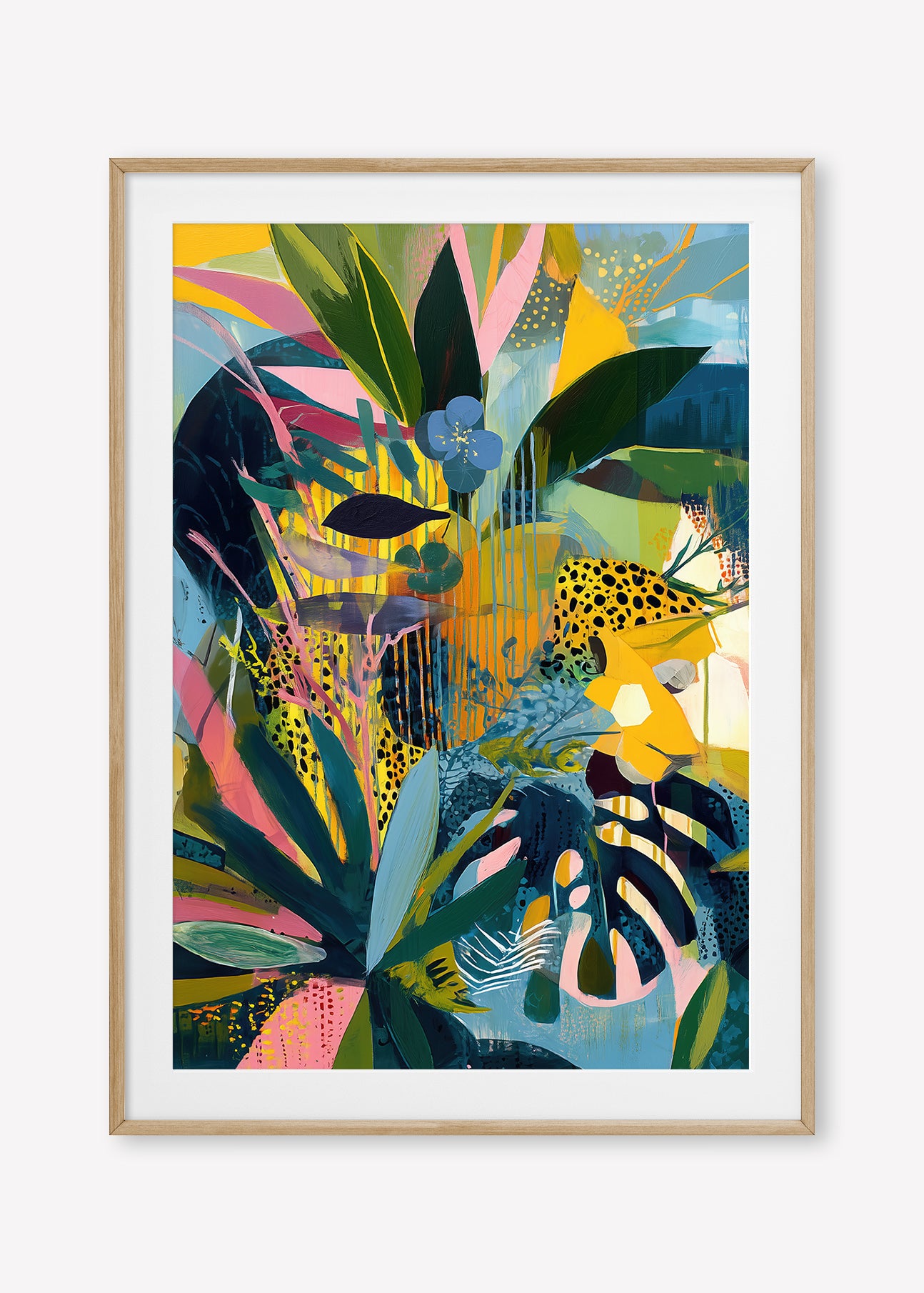 Crouching Tiger (Portrait) - Print Framed with Border Oak - SubTropic Art