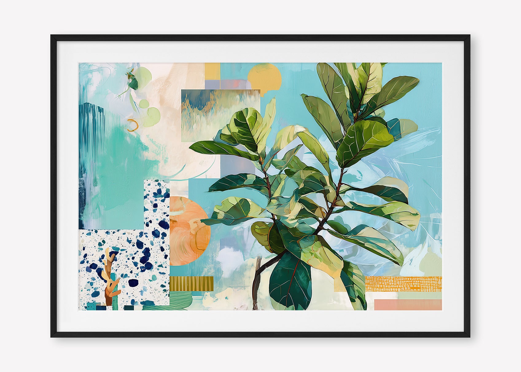 Geometric Leaf (Landscape) - Print Framed with Border Black - SubTropic Art