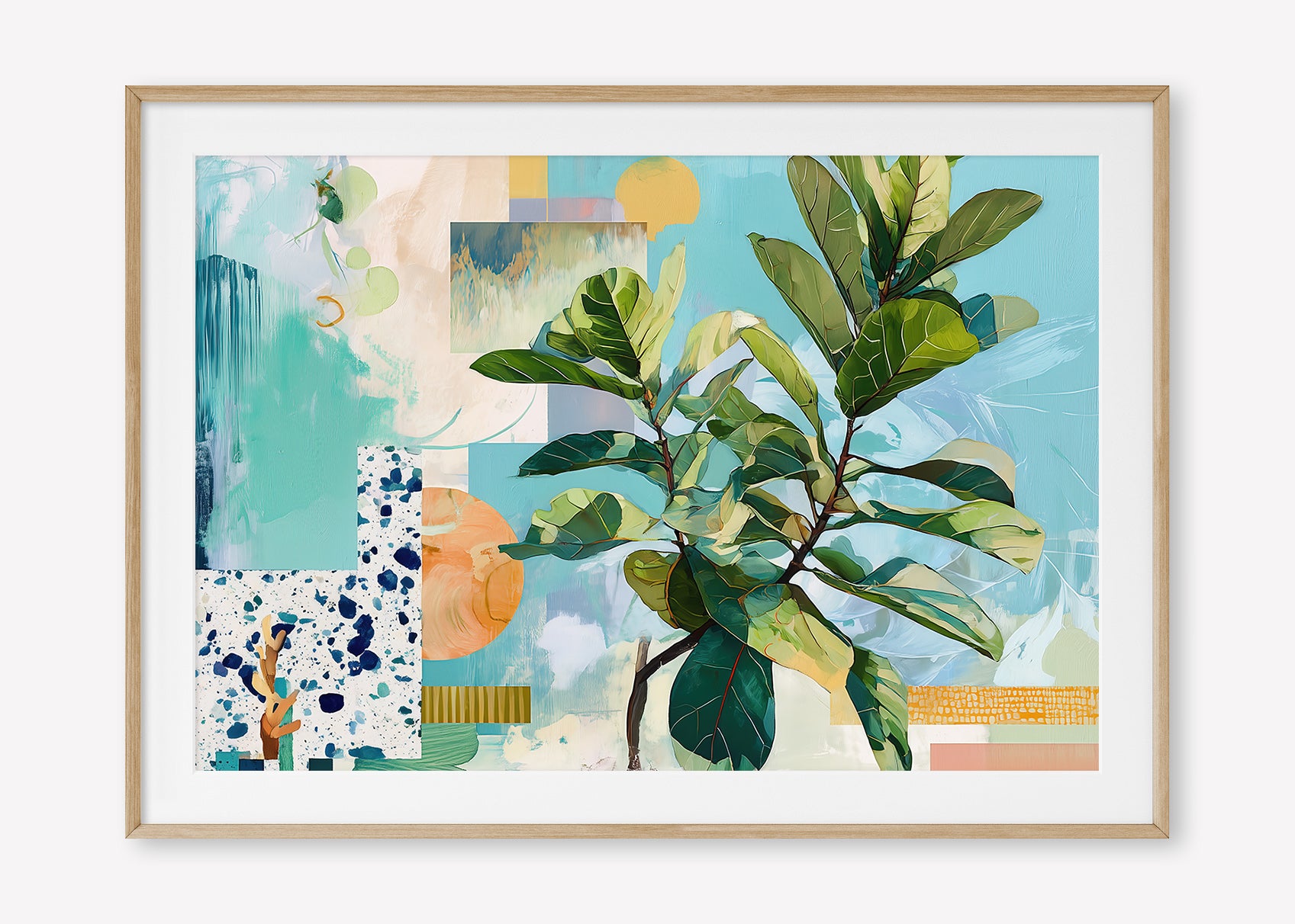 Geometric Leaf (Landscape) - Print Framed with Border Oak - SubTropic Art