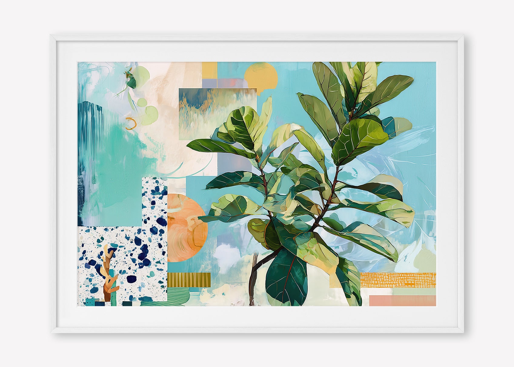 Geometric Leaf (Landscape) - Print Framed with Border White - SubTropic Art