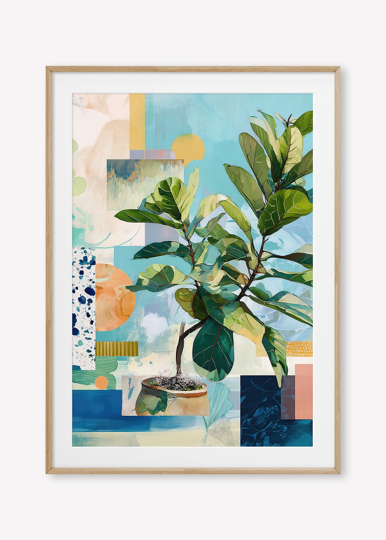 Geometric Leaf (Portrait) - Print Framed with Border Oak - SubTropic Art