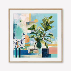 Geometric Leaf (Square) - Print Framed with Border Oak - SubTropic Art